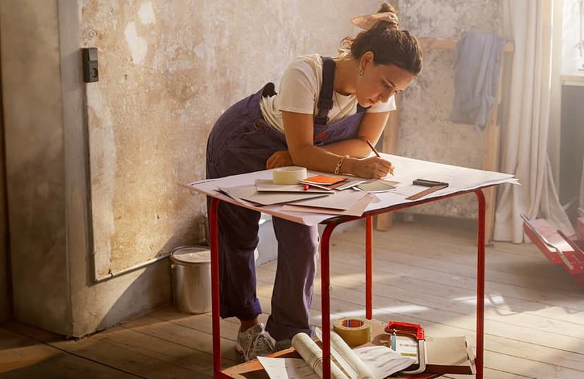 Person planning a home renovation project at a table in a sunlit room with unfinished walls